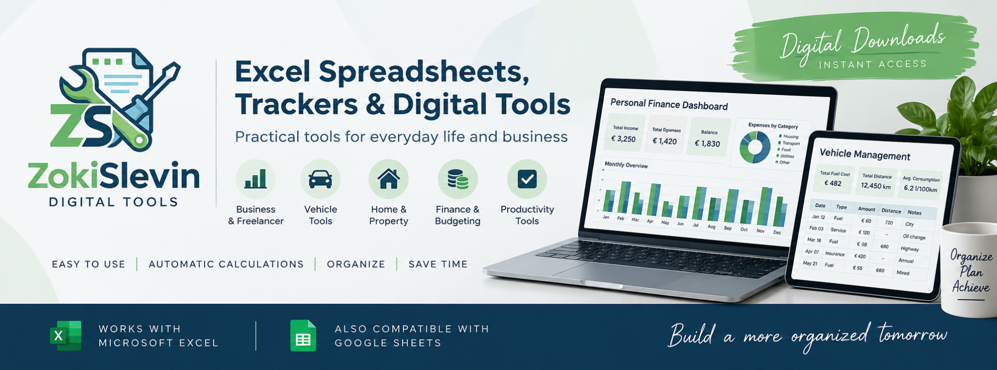 ZokiSlevin Digital Tools banner showing spreadsheets and dashboards